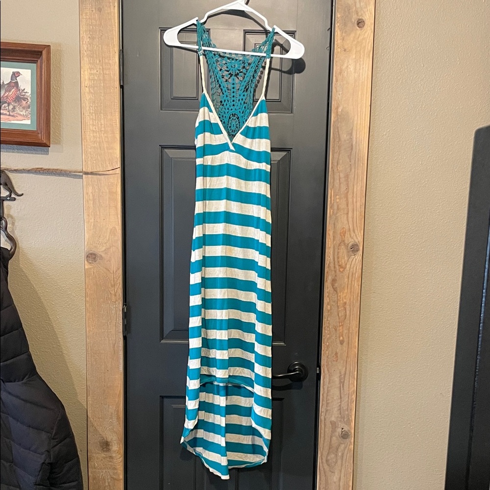 Striped Teal and Oatmeal Maxi Dress